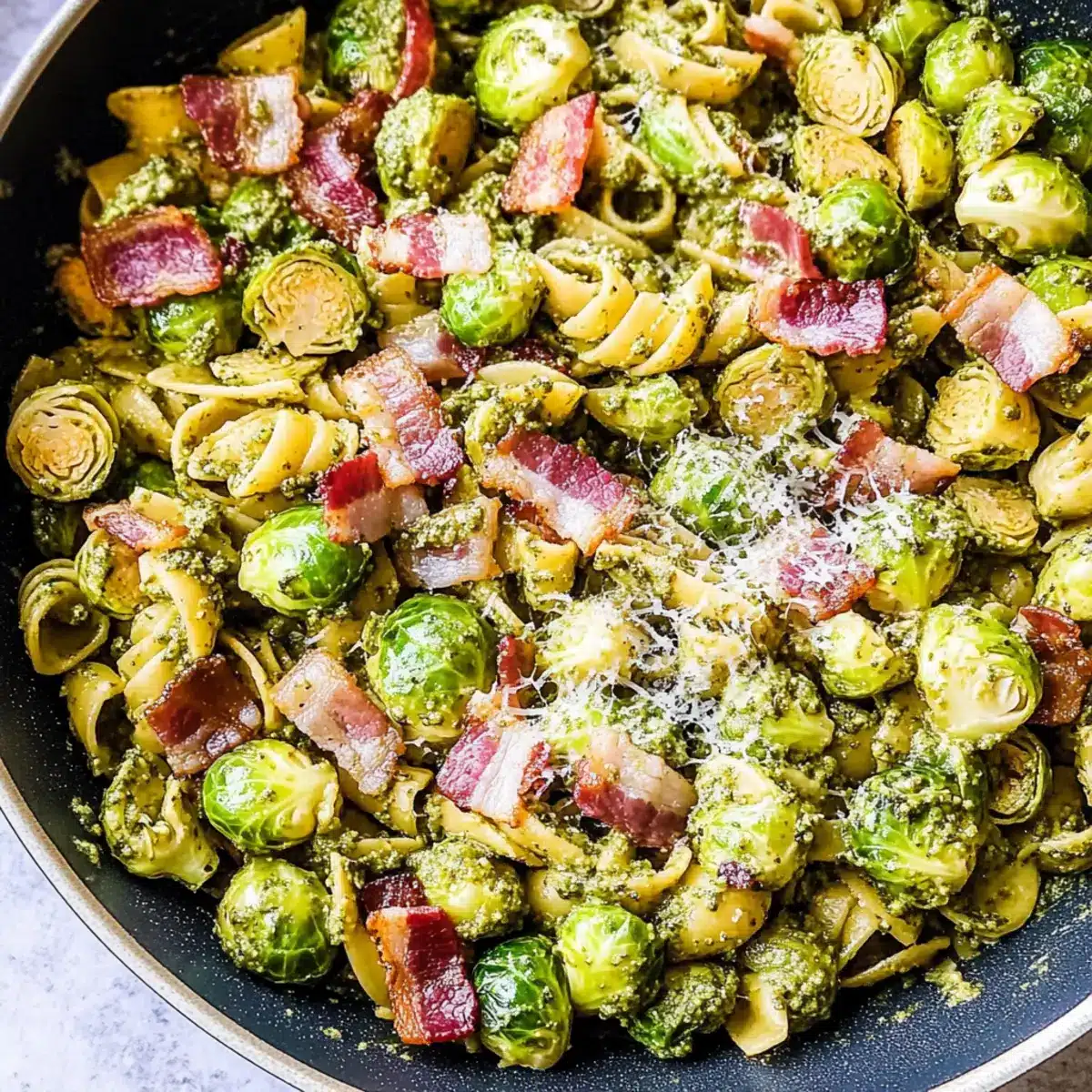 Brussels Sprouts and Bacon Pesto Pasta