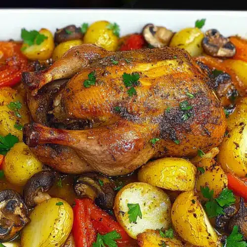Roast Duck in Wine with Potatoes, Peppers and Mushrooms