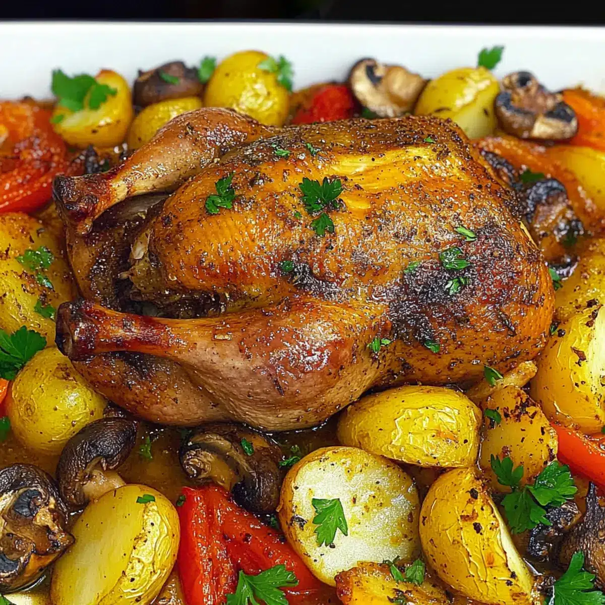 Roast Duck in Wine with Potatoes, Peppers and Mushrooms