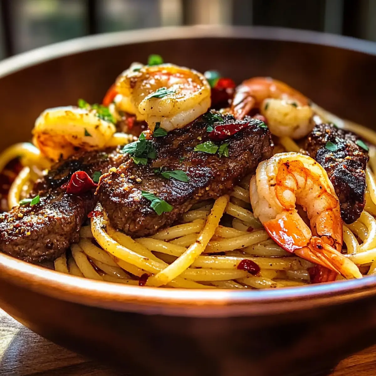 Calabrian Steak and Shrimp Bucatini