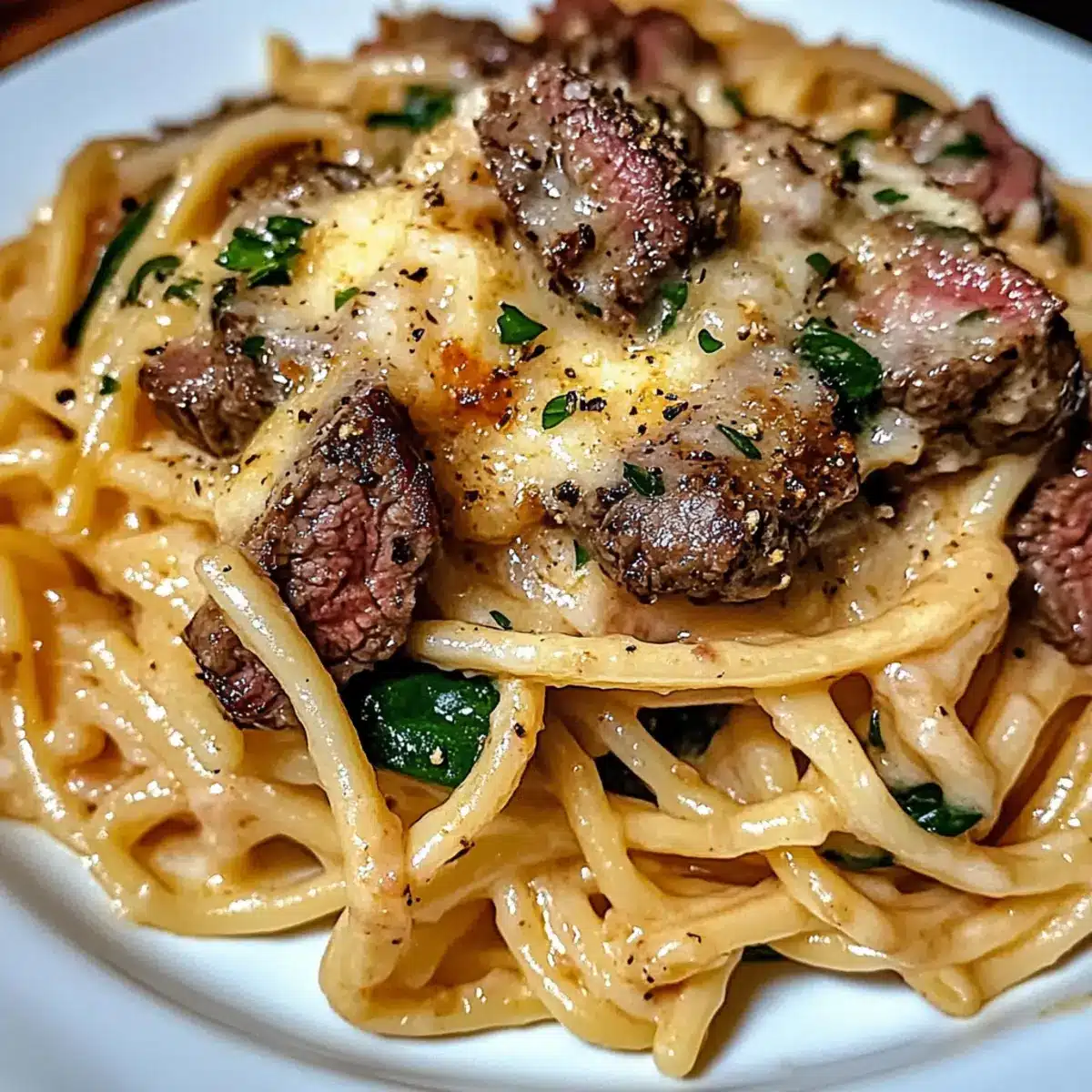Cowboy Butter Linguine with Steak Bites & Spinach