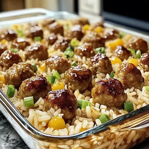 Honey Garlic Meatball Rice Bake