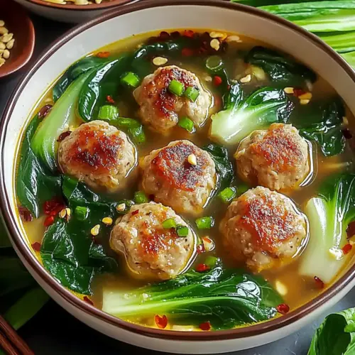Ginger Chicken Meatball Soup with Baby Bok Choy