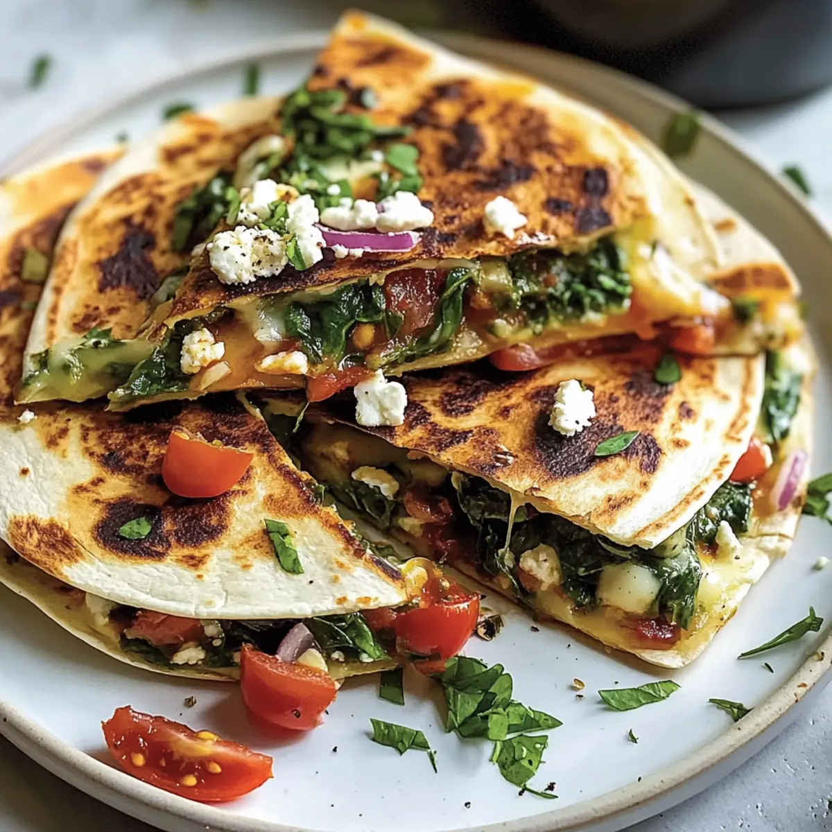 Mediterranean Quesadillas with Spinach, Feta, Mozzarella, and Red Onion