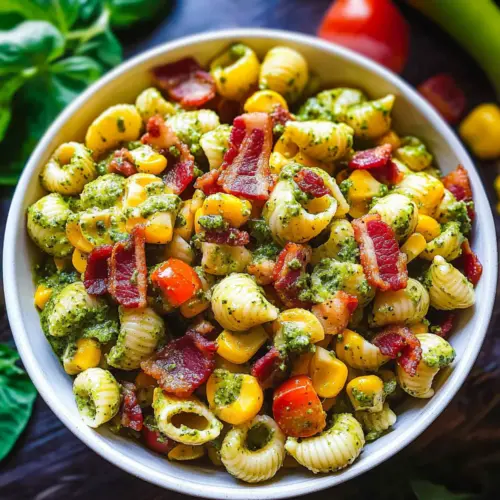 Corn Pasta Salad with Bacon and Creamy Pesto Dressing
